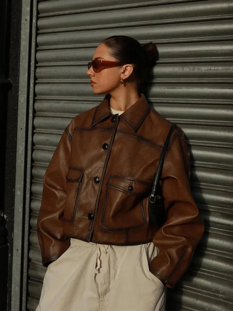 Advbridge Retro Solid Color Button Pu Women's Leather Jacket Fashion Collar Pocket Long Sleeved Coat Autumn Ladies Casual High Streetwear