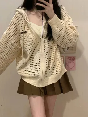 Aiertu Vintage Knit Mesh Coat for Women Hole Hooded Cardigan Long Sleeve Tee Male Casual Autumn Japanese Streetwear Hip Hop