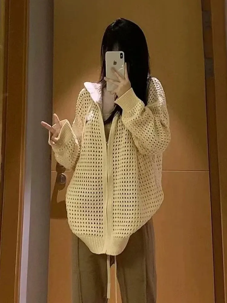 Aiertu Vintage Knit Mesh Coat for Women Hole Hooded Cardigan Long Sleeve Tee Male Casual Autumn Japanese Streetwear Hip Hop