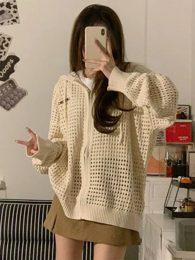 Aiertu Vintage Knit Mesh Coat for Women Hole Hooded Cardigan Long Sleeve Tee Male Casual Autumn Japanese Streetwear Hip Hop