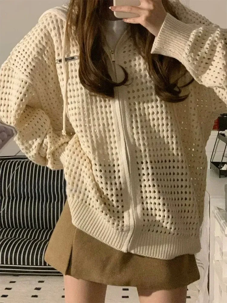 Aiertu Vintage Knit Mesh Coat for Women Hole Hooded Cardigan Long Sleeve Tee Male Casual Autumn Japanese Streetwear Hip Hop