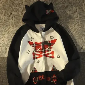 American Funny Cat Coat Loose Ear Hoodie Oversized streetwear goth korean new zip up hoodies women harajuku y2k tops sweatshirts