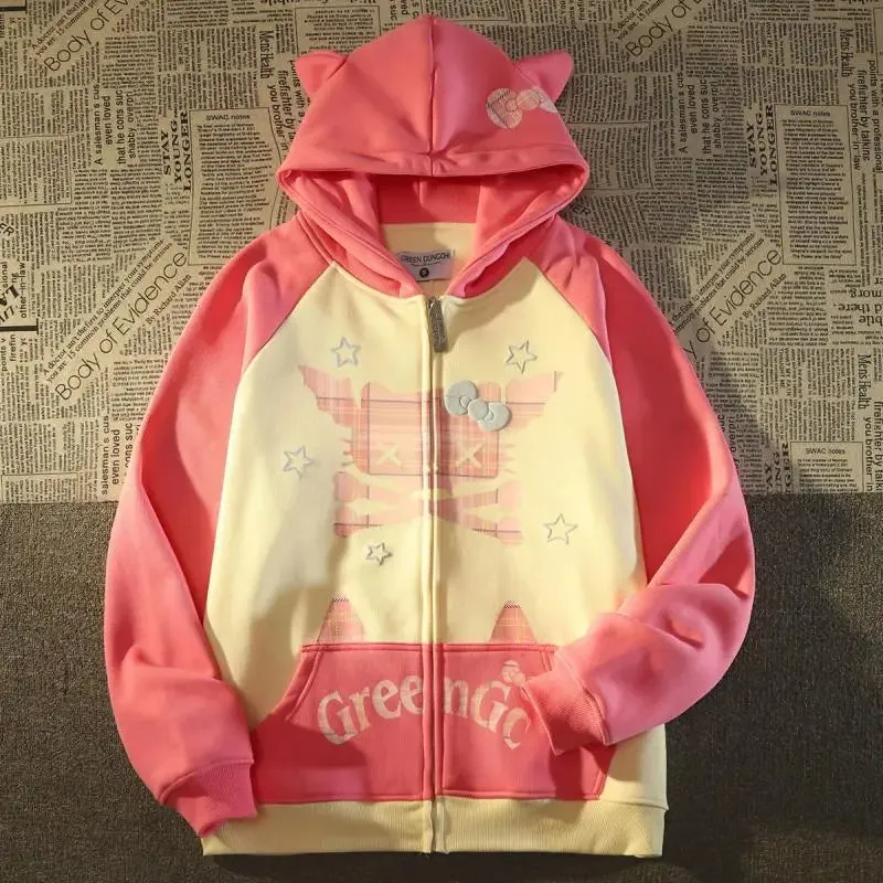 American Funny Cat Coat Loose Ear Hoodie Oversized streetwear goth korean new zip up hoodies women harajuku y2k tops sweatshirts