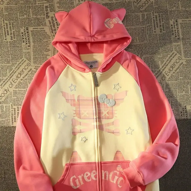 American Funny Cat Coat Loose Ear Hoodie Oversized streetwear goth korean new zip up hoodies women harajuku y2k tops sweatshirts