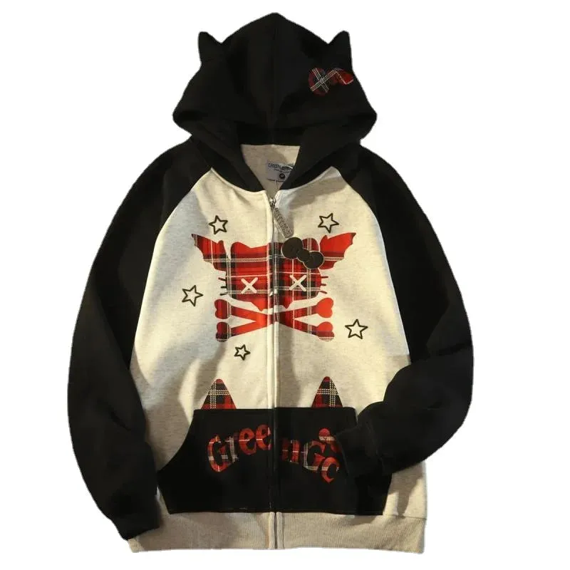 American Funny Cat Coat Loose Ear Hoodie Oversized streetwear goth korean new zip up hoodies women harajuku y2k tops sweatshirts
