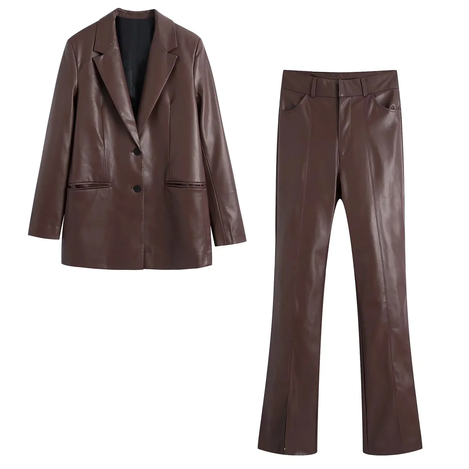 Amozae  Faux Leather Brown Blazer Long Pants Suits Slit PU Pants Three Pieces Matching Set Winter Streetwear Blazer Jacket Coat