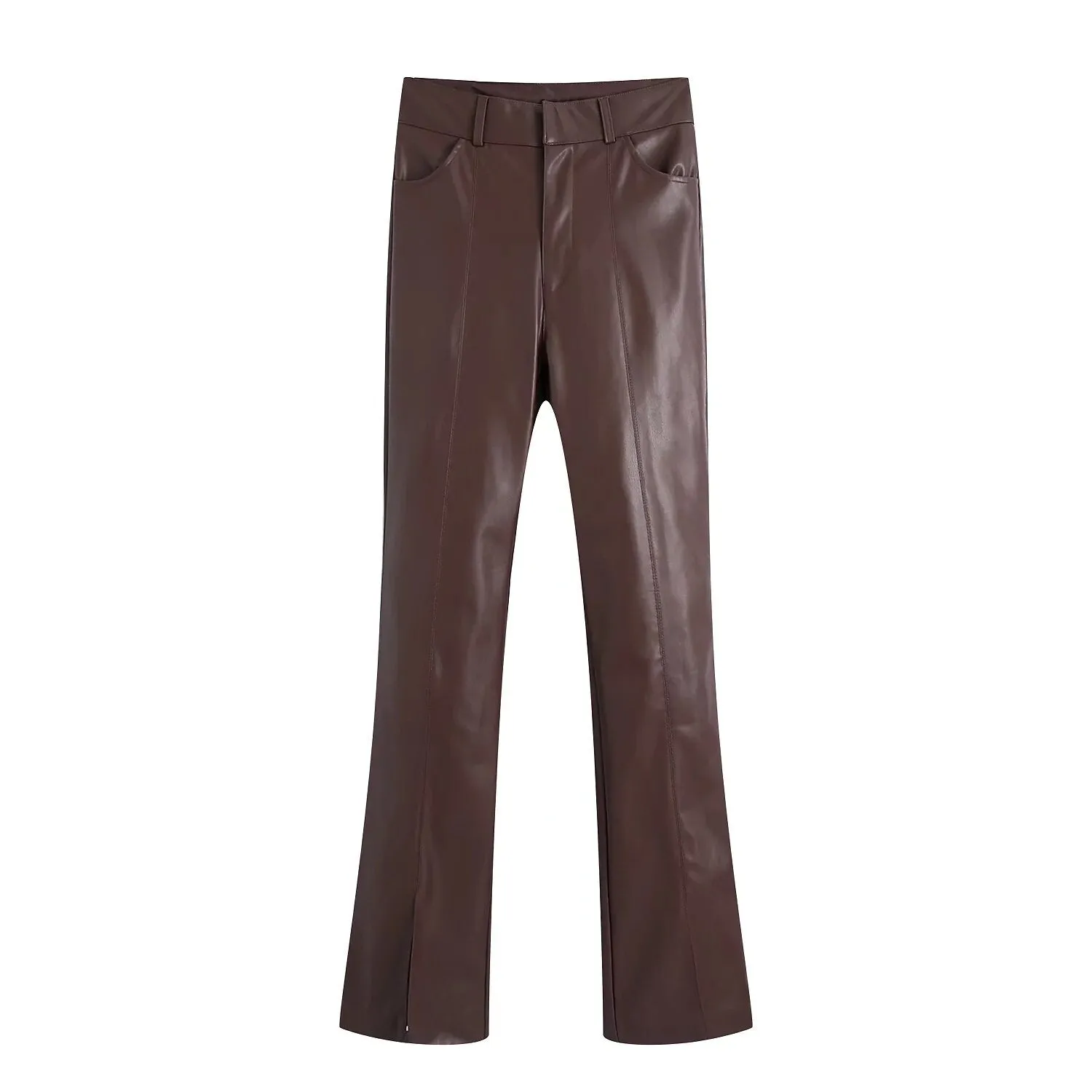 Amozae  Faux Leather Brown Blazer Long Pants Suits Slit PU Pants Three Pieces Matching Set Winter Streetwear Blazer Jacket Coat