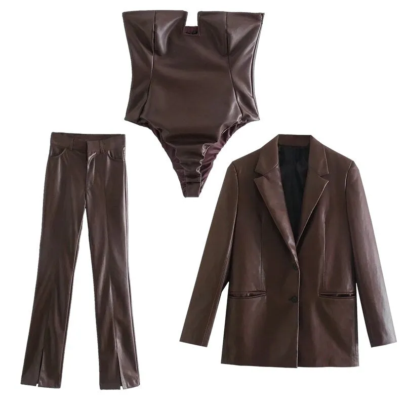 Amozae  Faux Leather Brown Blazer Long Pants Suits Slit PU Pants Three Pieces Matching Set Winter Streetwear Blazer Jacket Coat