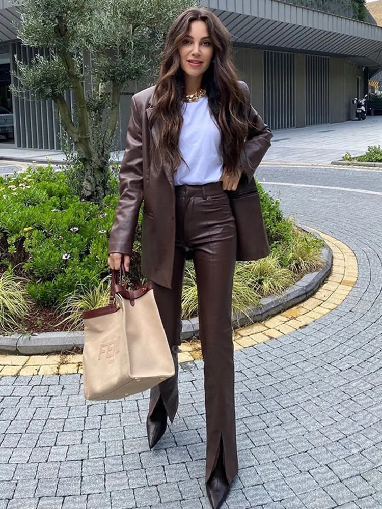 Amozae  Faux Leather Brown Blazer Long Pants Suits Slit PU Pants Three Pieces Matching Set Winter Streetwear Blazer Jacket Coat