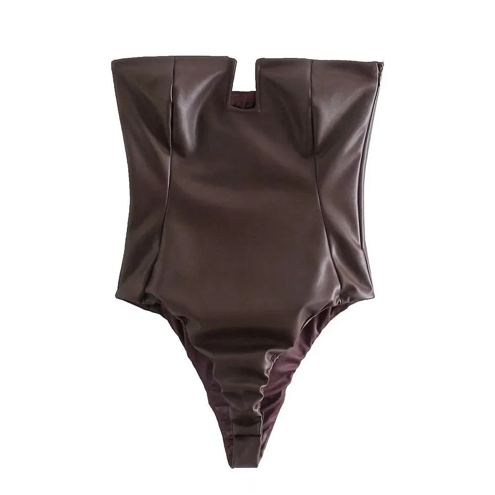 Amozae  Faux Leather Brown Blazer Long Pants Suits Slit PU Pants Three Pieces Matching Set Winter Streetwear Blazer Jacket Coat