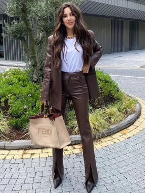 Amozae  Faux Leather Brown Blazer Long Pants Suits Slit PU Pants Three Pieces Matching Set Winter Streetwear Blazer Jacket Coat