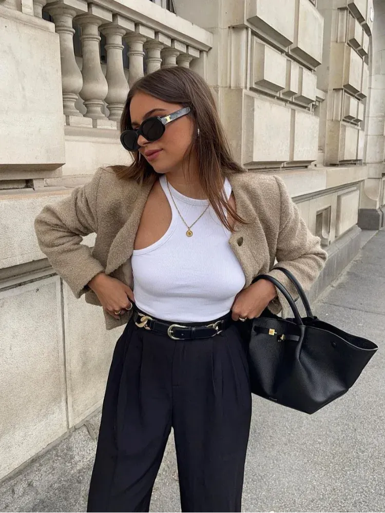 Back To School Joskaa Autumn O-neck Single Breasted Women's Woolen Coat Long Sleeved Solid Color Casual Crop Jacket Female New Street Commute Outwears