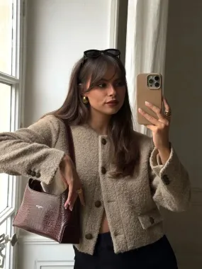 Back To School Joskaa Autumn O-neck Single Breasted Women's Woolen Coat Long Sleeved Solid Color Casual Crop Jacket Female New Street Commute Outwears