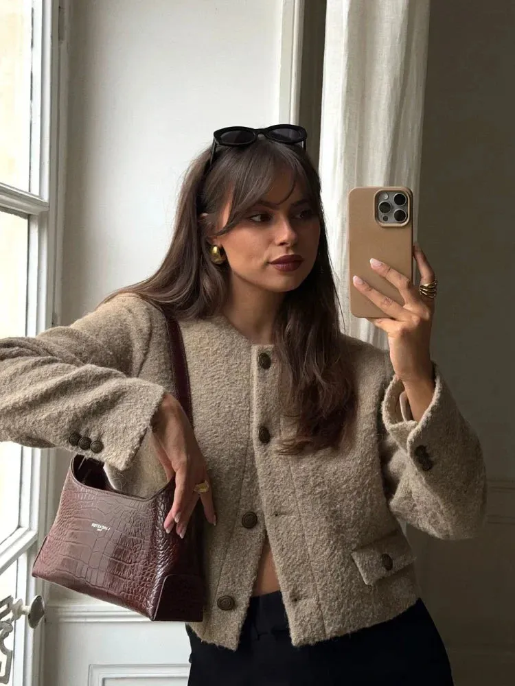 Back To School Joskaa Autumn O-neck Single Breasted Women's Woolen Coat Long Sleeved Solid Color Casual Crop Jacket Female New Street Commute Outwears