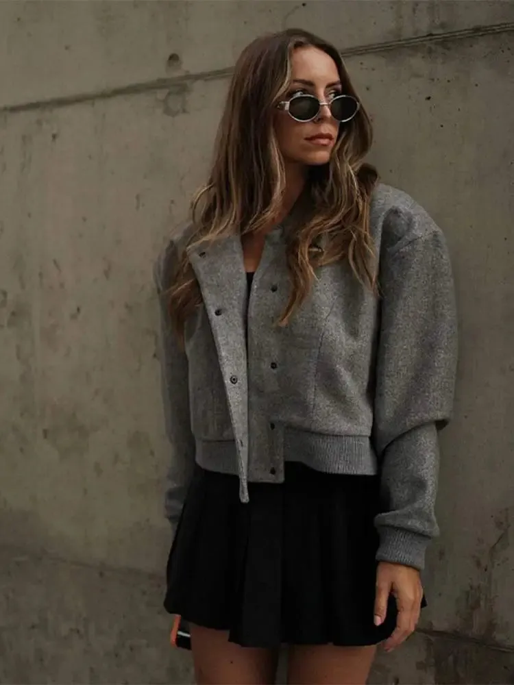 Back To School Joskaa Casual Lady Solid Single Breasted Loose Short Coat Fashion O Neck Single Breasted Cropped Cotton Jacket Autumn Lady Streetwear