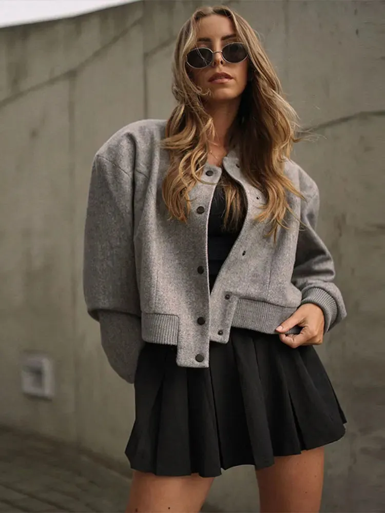 Back To School Joskaa Casual Lady Solid Single Breasted Loose Short Coat Fashion O Neck Single Breasted Cropped Cotton Jacket Autumn Lady Streetwear