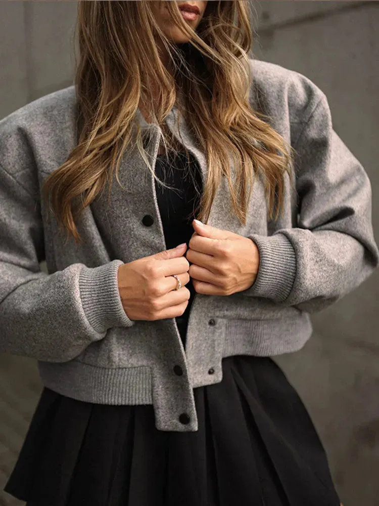 Back To School Joskaa Casual Lady Solid Single Breasted Loose Short Coat Fashion O Neck Single Breasted Cropped Cotton Jacket Autumn Lady Streetwear