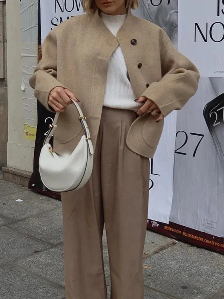 Back To School Joskaa Casual Stand Up Collar Single Breasted Women's Woolen Coat Solid Color Pocket Long Sleeved Jacket New High Street Ladies Coats
