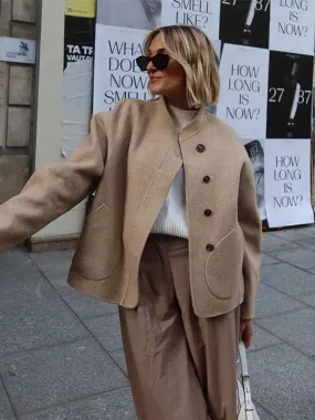 Back To School Joskaa Casual Stand Up Collar Single Breasted Women's Woolen Coat Solid Color Pocket Long Sleeved Jacket New High Street Ladies Coats