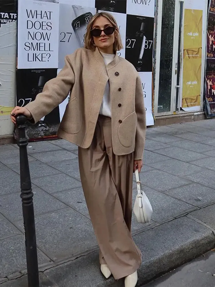 Back To School Joskaa Casual Stand Up Collar Single Breasted Women's Woolen Coat Solid Color Pocket Long Sleeved Jacket New High Street Ladies Coats