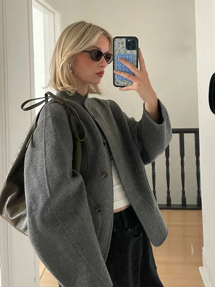 Back To School Joskaa Casual Stand Up Collar Single Breasted Women's Woolen Coat Solid Color Pocket Long Sleeved Jacket New High Street Ladies Coats