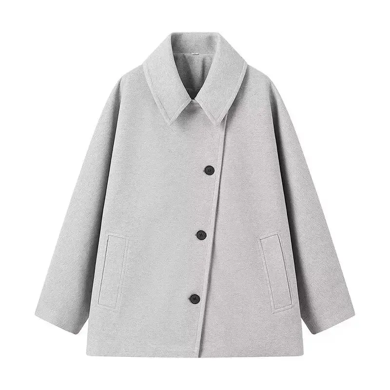 Back To School Joskaa Elegant Collar Single Breasted Women's Woolen Coat Fashion Long Sleeved Pocket Warm Jacket Autumn Lady Casual Commute Streetwear