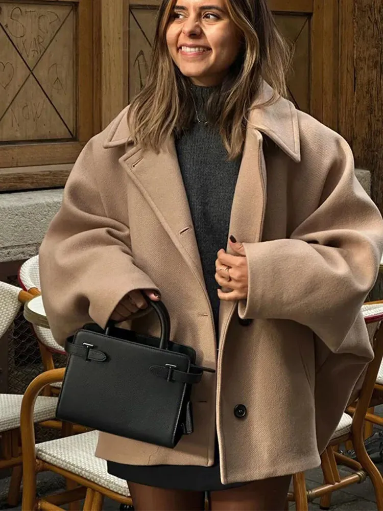 Back To School Joskaa Elegant Collar Single Breasted Women's Woolen Coat Fashion Long Sleeved Pocket Warm Jacket Autumn Lady Casual Commute Streetwear