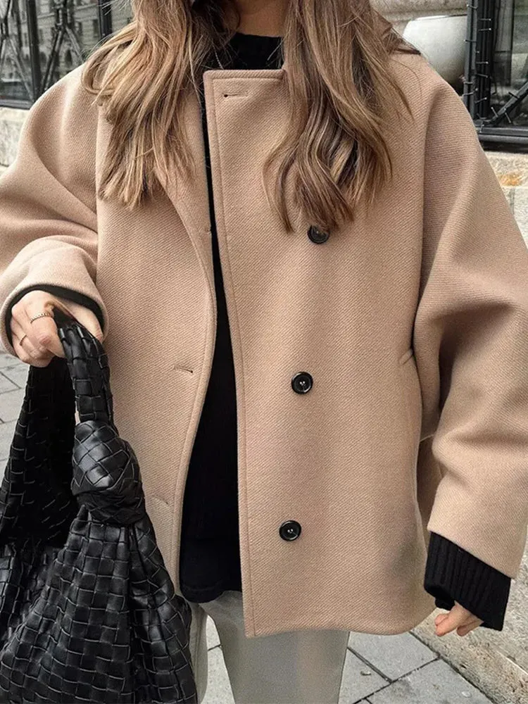 Back To School Joskaa Elegant Collar Single Breasted Women's Woolen Coat Fashion Long Sleeved Pocket Warm Jacket Autumn Lady Casual Commute Streetwear