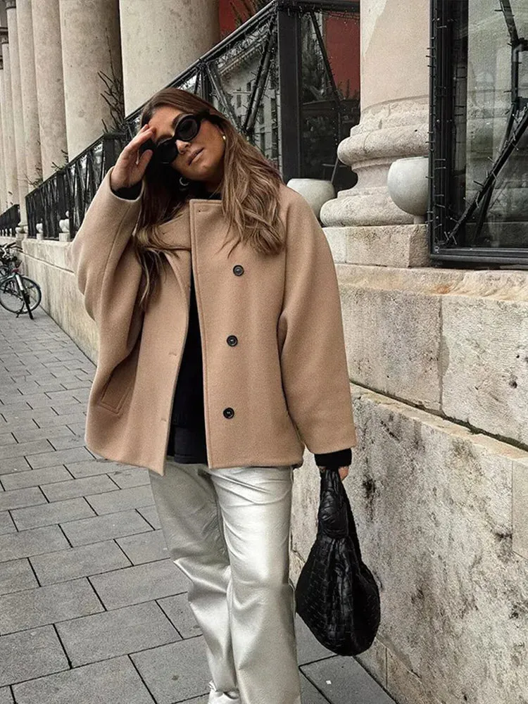 Back To School Joskaa Elegant Collar Single Breasted Women's Woolen Coat Fashion Long Sleeved Pocket Warm Jacket Autumn Lady Casual Commute Streetwear