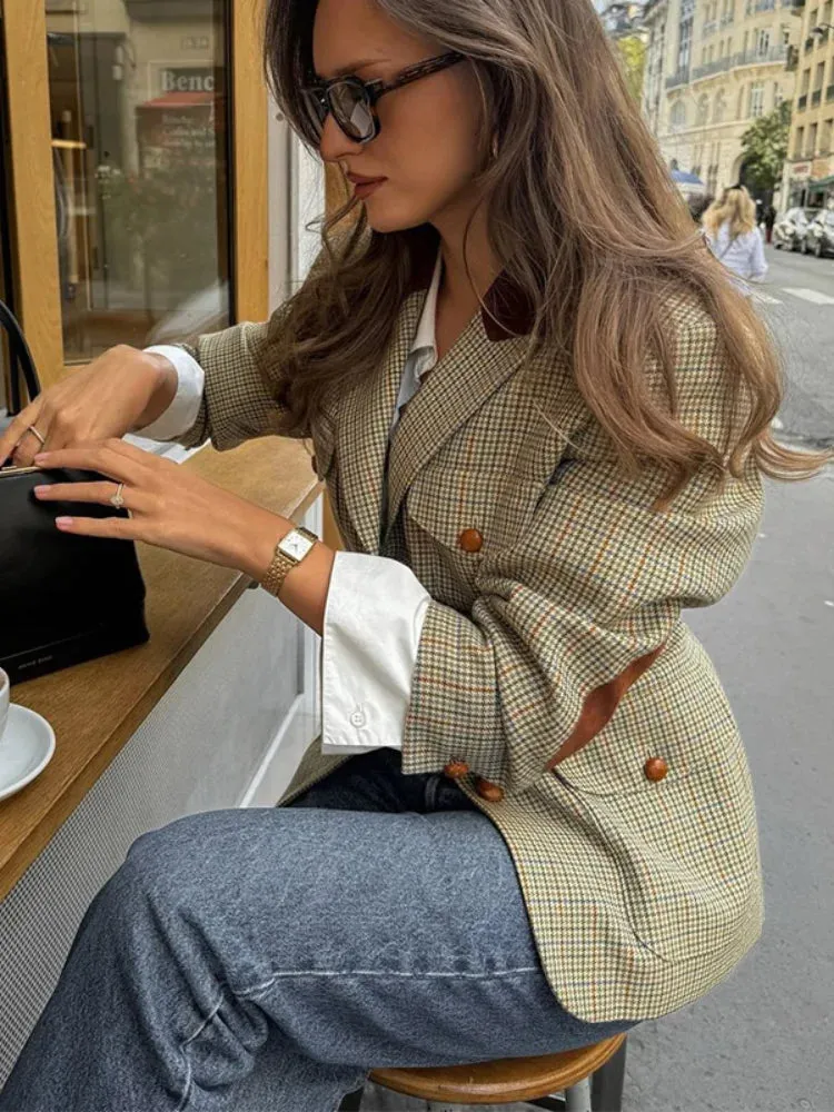 Back To School Joskaa Flip Collar Checkered Single Breasted Casual Suit Jacket For Women Retro Contrast Pocket Long Sleeve Coat New Autumn Streetwear