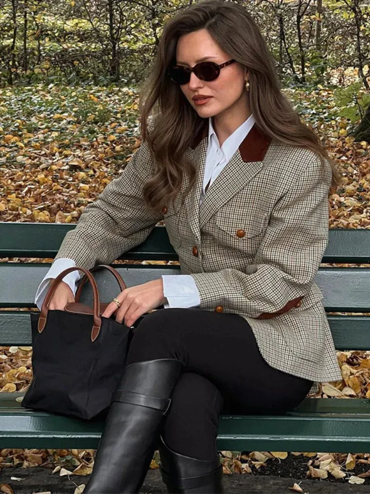 Back To School Joskaa Flip Collar Checkered Single Breasted Casual Suit Jacket For Women Retro Contrast Pocket Long Sleeve Coat New Autumn Streetwear