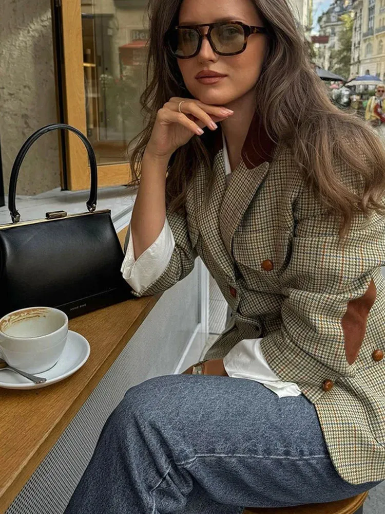 Back To School Joskaa Flip Collar Checkered Single Breasted Casual Suit Jacket For Women Retro Contrast Pocket Long Sleeve Coat New Autumn Streetwear