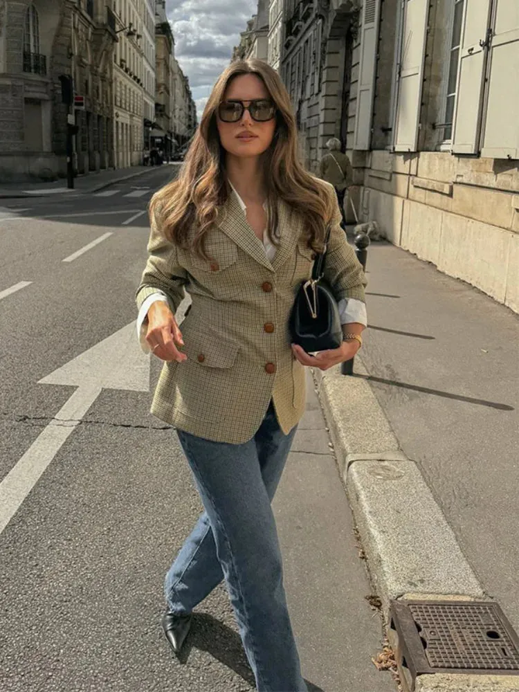 Back To School Joskaa Flip Collar Checkered Single Breasted Casual Suit Jacket For Women Retro Contrast Pocket Long Sleeve Coat New Autumn Streetwear