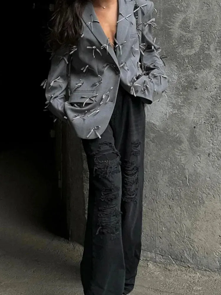 Back To School Joskaa Grey Bow Flap Pocket Long Sleeve Women's Suit Jacket Single Breasted Lapel Casual Coat Autumn Lady Commuting High Streetwear