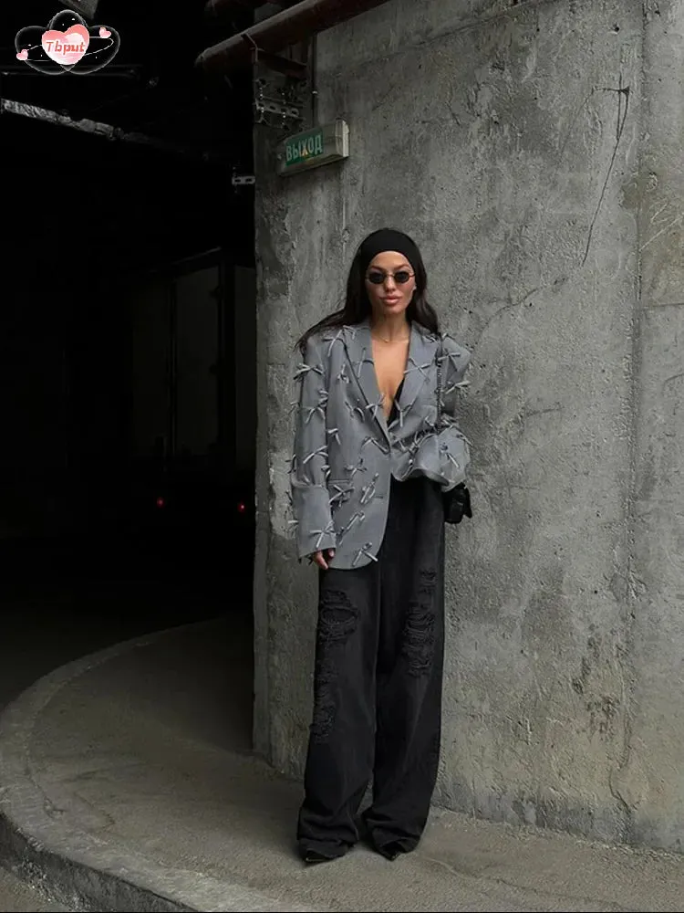 Back To School Joskaa Grey Bow Flap Pocket Long Sleeve Women's Suit Jacket Single Breasted Lapel Casual Coat Autumn Lady Commuting High Streetwear