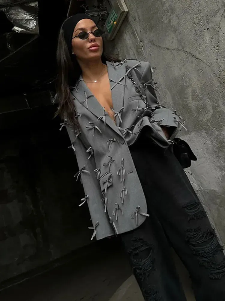 Back To School Joskaa Grey Bow Flap Pocket Long Sleeve Women's Suit Jacket Single Breasted Lapel Casual Coat Autumn Lady Commuting High Streetwear