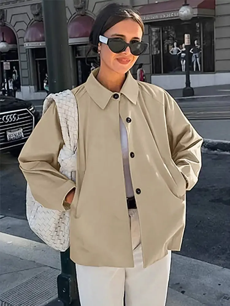 Back To School Joskaa Long Sleeved Single Breasted Lapel Casual Coat Solid Color Pocket Long Sleeved Women's Short Windbreaker Autumn Lady Streetwear