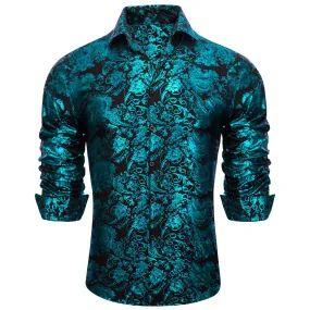 Barry.wang Pale Blue Black Floral Silk Men's Shirt