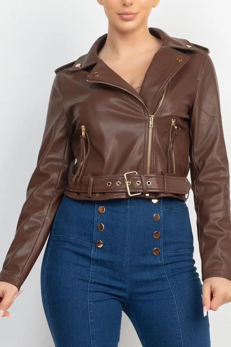 belted zip up faux leather moto jacket