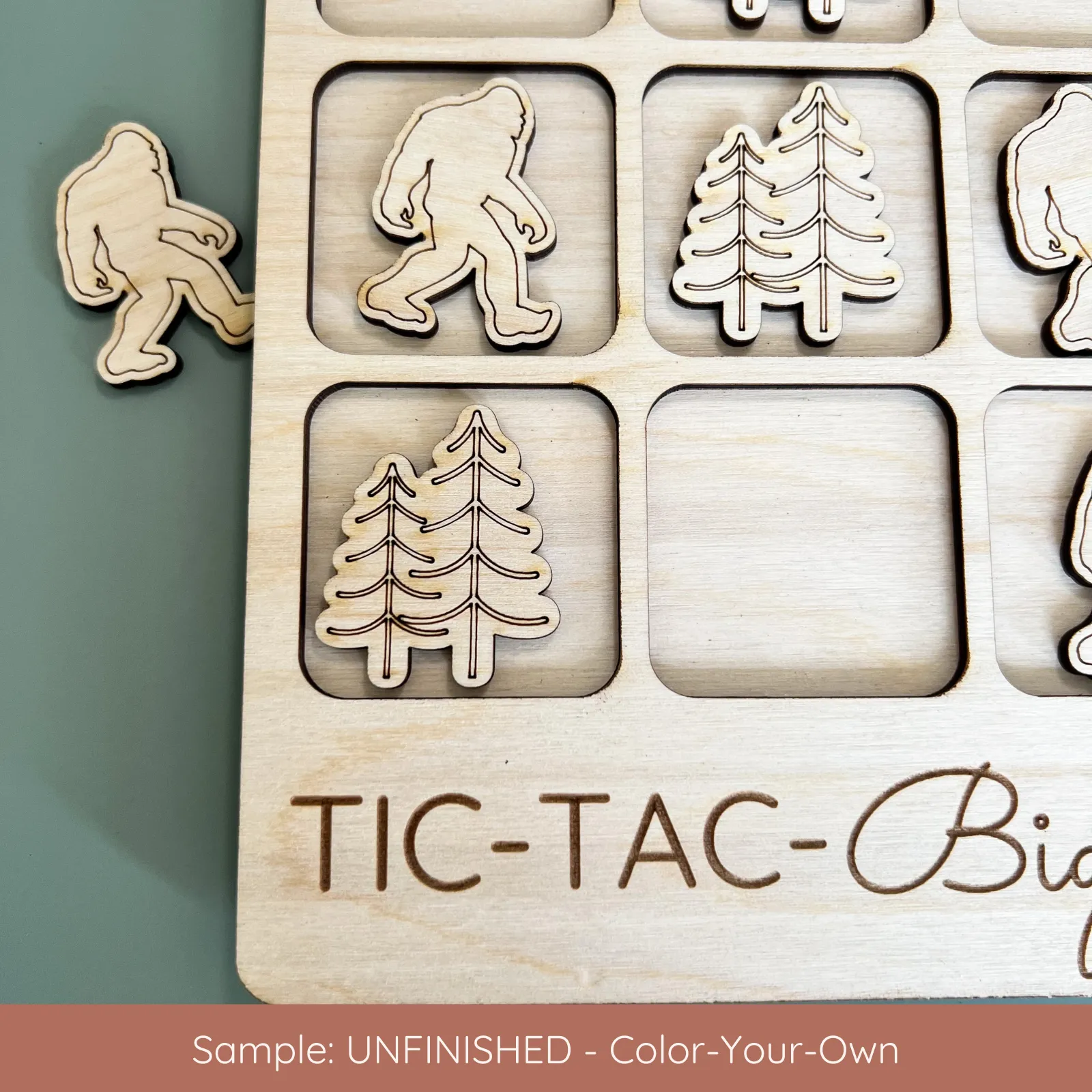 Bigfoot Tic-Tac-Toe Game - Sasquatch Gift - Customizable: FINISHED - Smooth Clear Coat / Bigfoot   Pine Trees