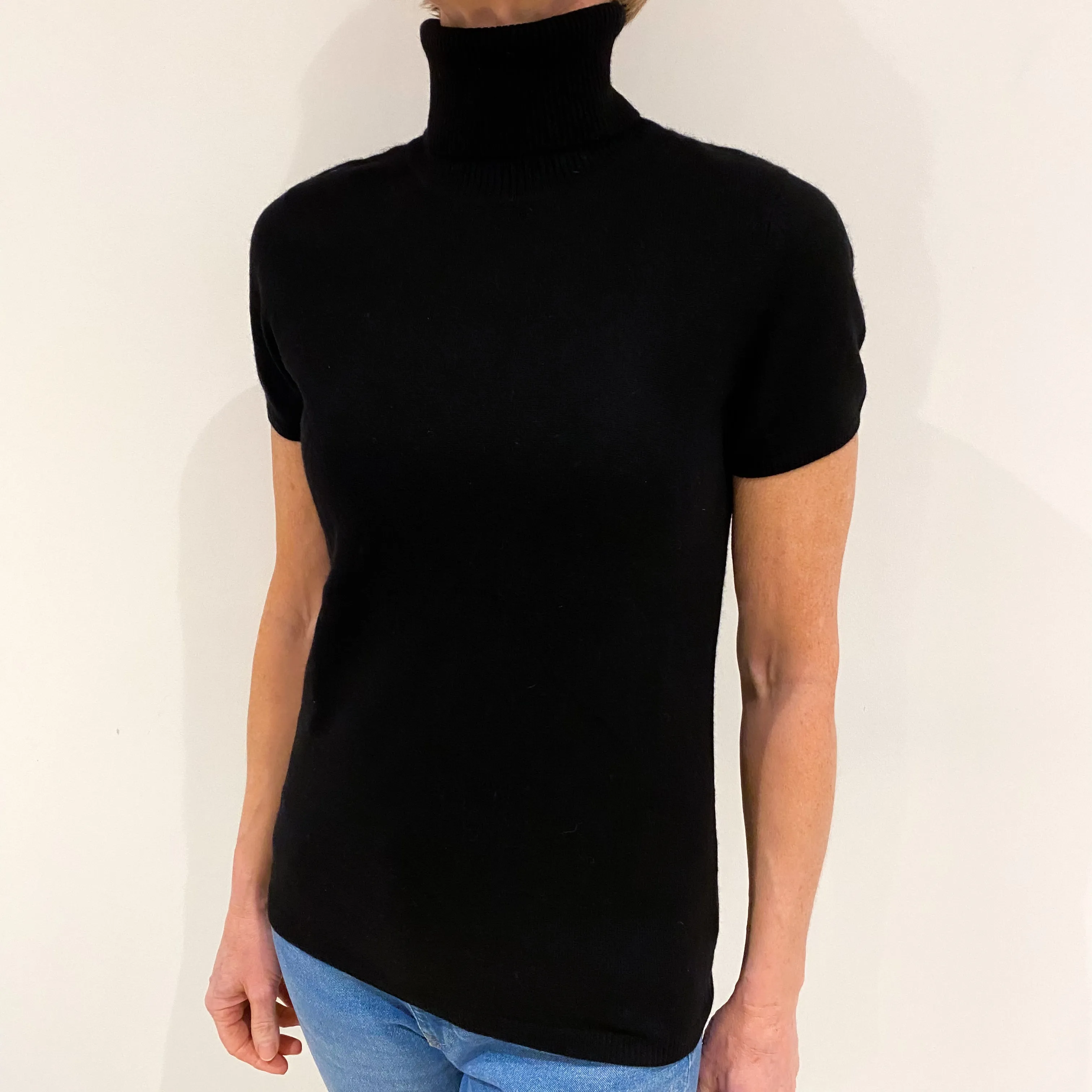 Black Cashmere Short Sleeved Polo Neck Jumper Small