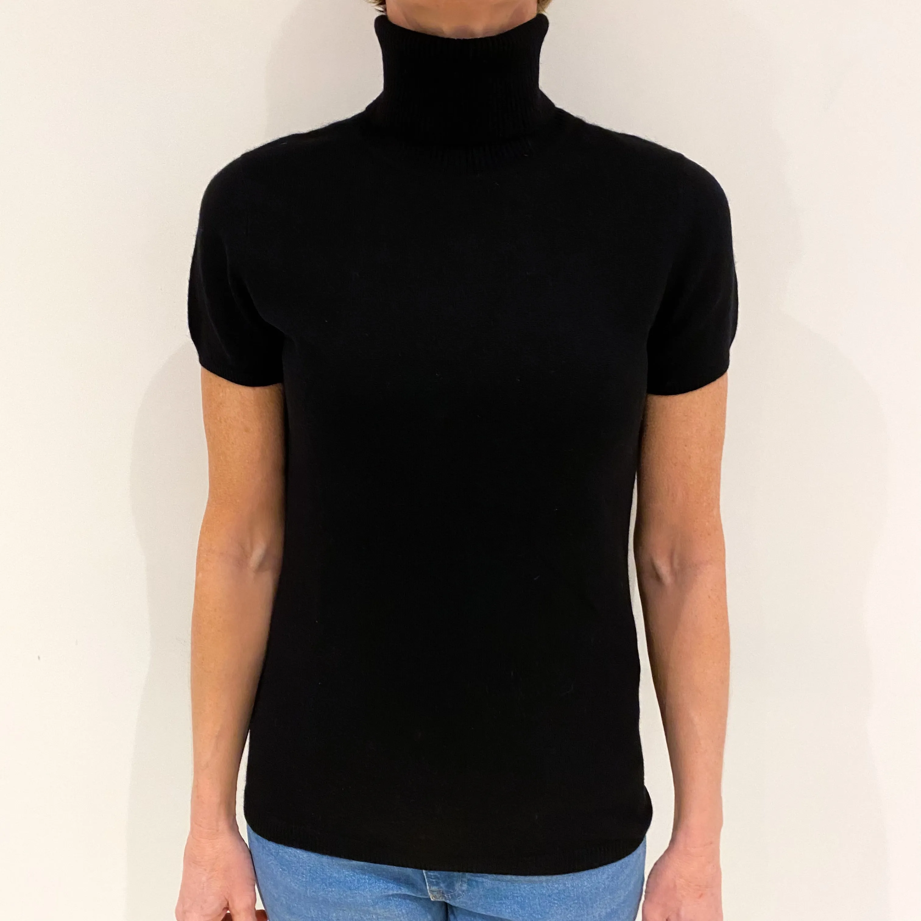 Black Cashmere Short Sleeved Polo Neck Jumper Small