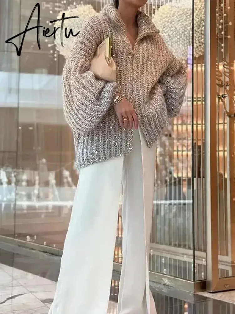 Black Friday Elegant Sequin Sweater Women Fashion Lurex Long Sleeve Loose Female Zipper Knit Cardigan 2023 Autumn Streetwear Lady Coat