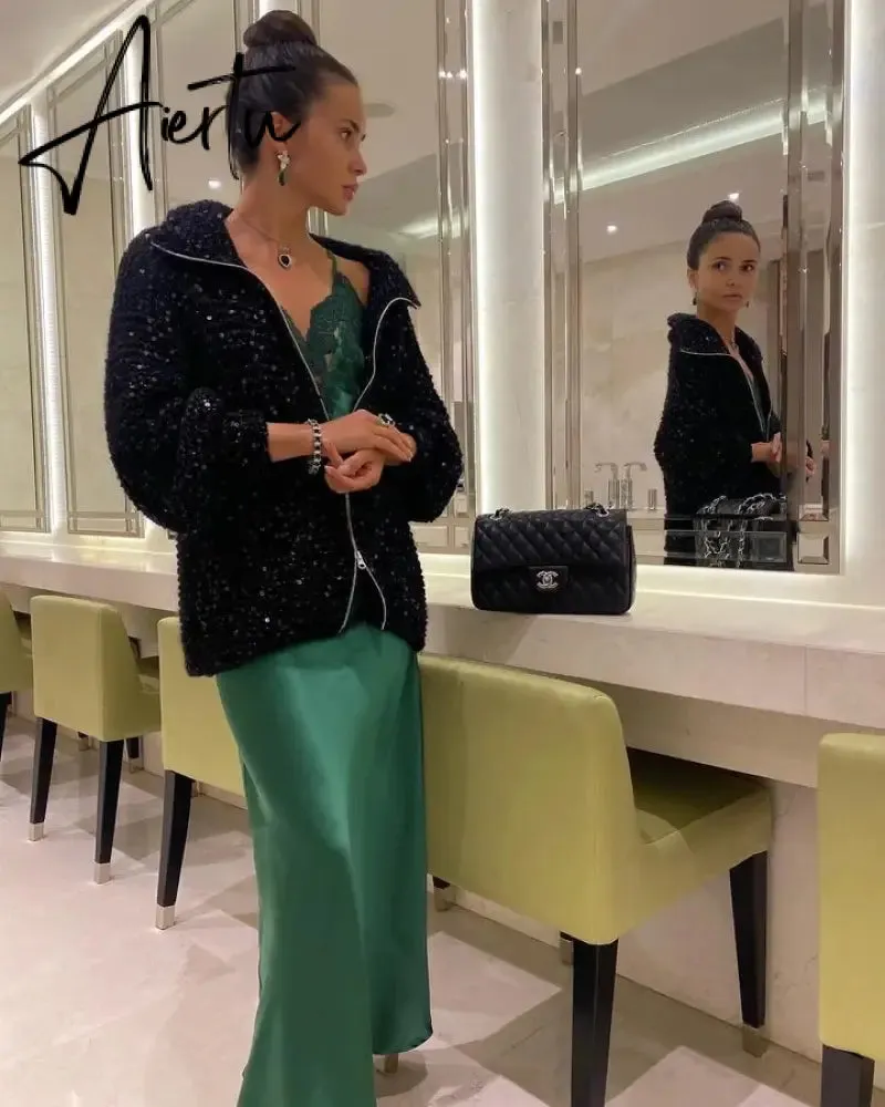 Black Friday Elegant Sequin Sweater Women Fashion Lurex Long Sleeve Loose Female Zipper Knit Cardigan 2023 Autumn Streetwear Lady Coat