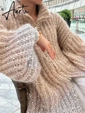 Black Friday Elegant Sequin Sweater Women Fashion Lurex Long Sleeve Loose Female Zipper Knit Cardigan 2023 Autumn Streetwear Lady Coat