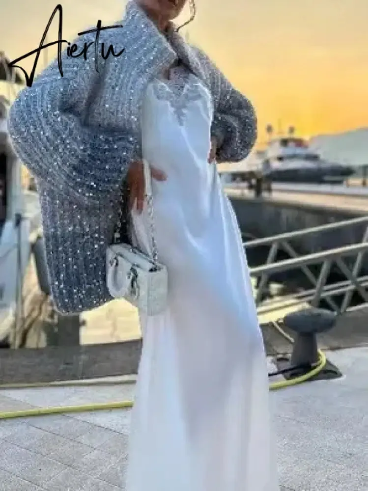 Black Friday Elegant Sequin Sweater Women Fashion Lurex Long Sleeve Loose Female Zipper Knit Cardigan 2023 Autumn Streetwear Lady Coat