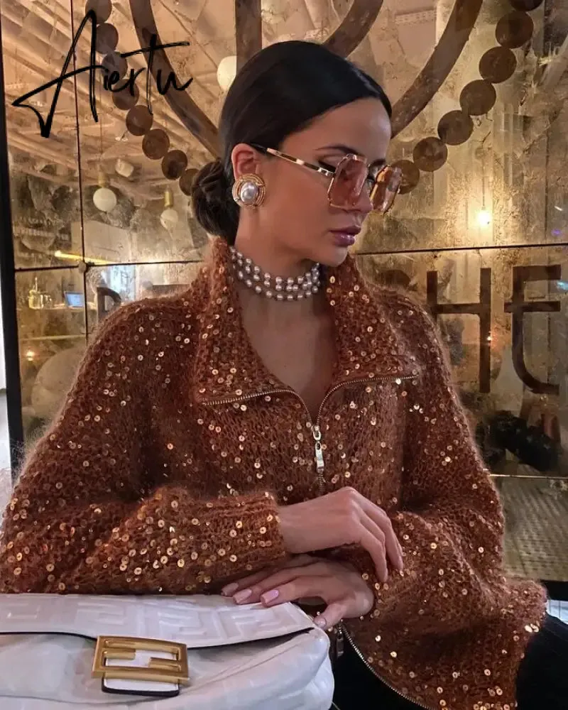 Black Friday Elegant Sequin Sweater Women Fashion Lurex Long Sleeve Loose Female Zipper Knit Cardigan 2023 Autumn Streetwear Lady Coat