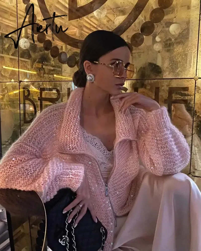 Black Friday Elegant Sequin Sweater Women Fashion Lurex Long Sleeve Loose Female Zipper Knit Cardigan 2023 Autumn Streetwear Lady Coat