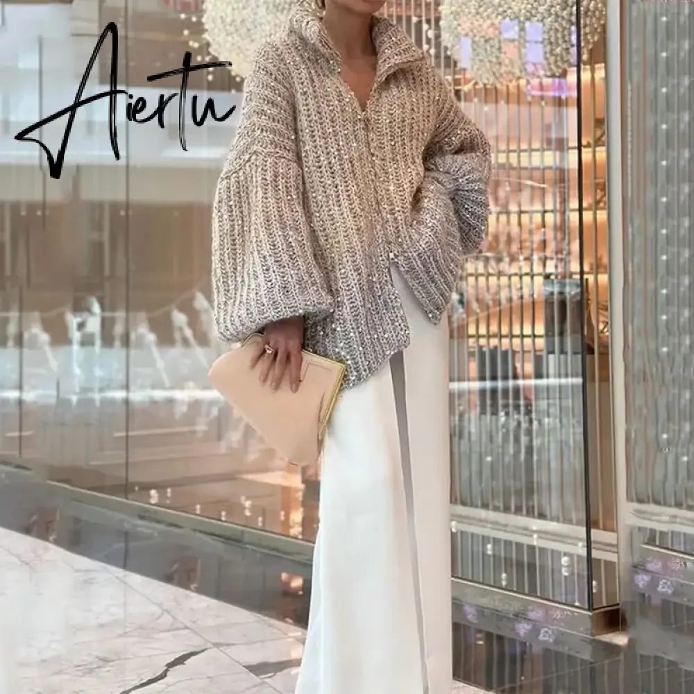 Black Friday Elegant Sequin Sweater Women Fashion Lurex Long Sleeve Loose Female Zipper Knit Cardigan 2023 Autumn Streetwear Lady Coat