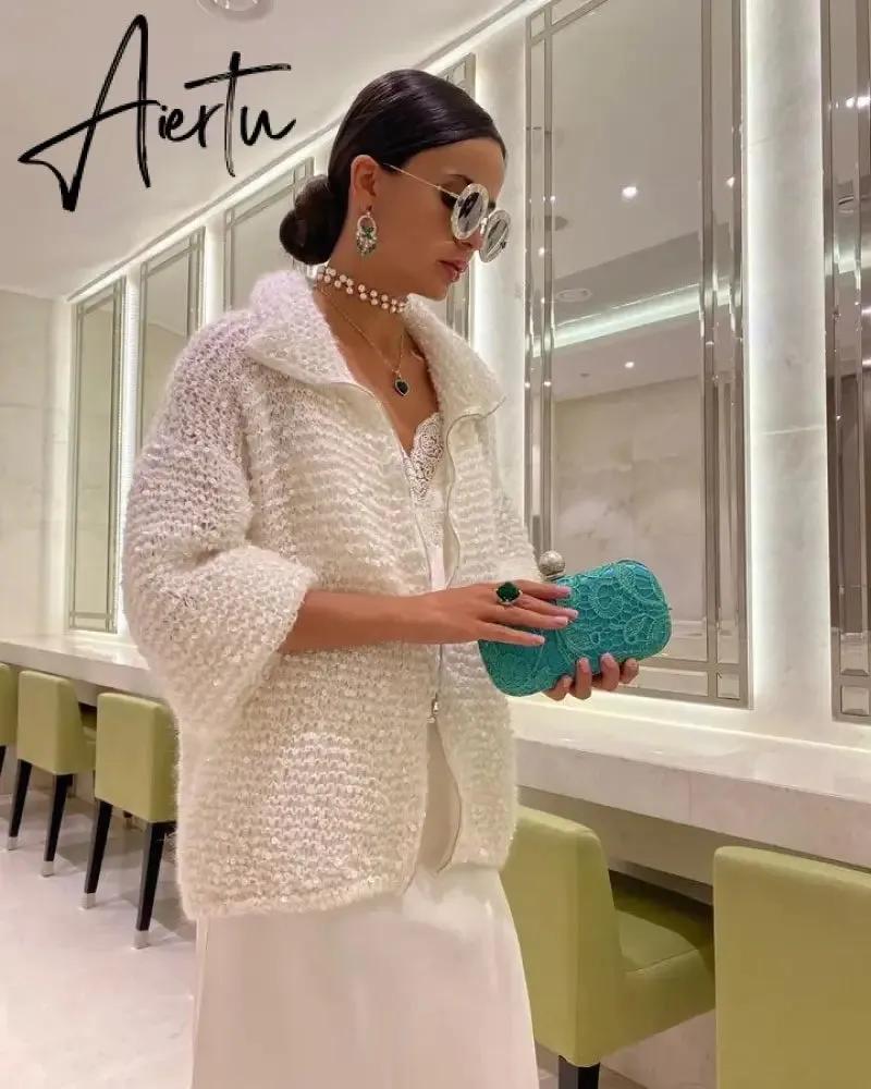 Black Friday Elegant Sequin Sweater Women Fashion Lurex Long Sleeve Loose Female Zipper Knit Cardigan 2023 Autumn Streetwear Lady Coat